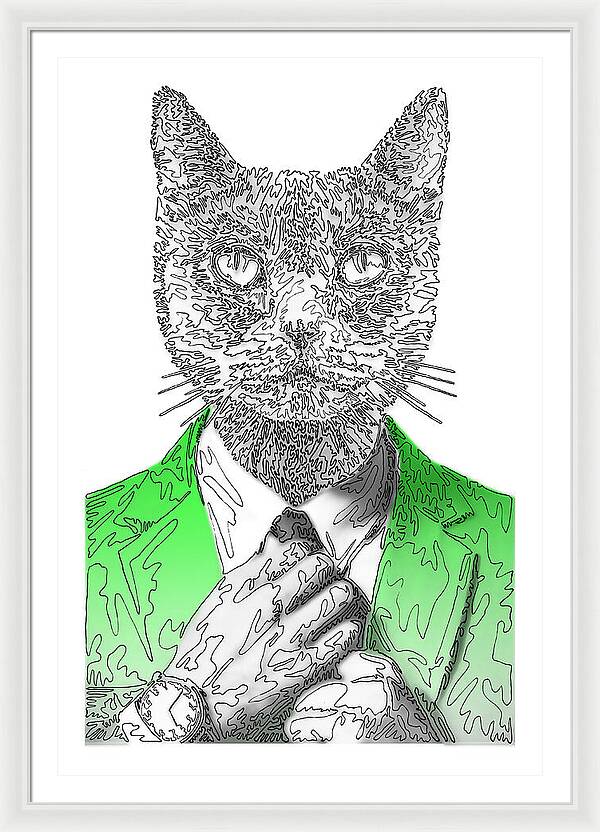 GREEN Cool Cat - Framed Print