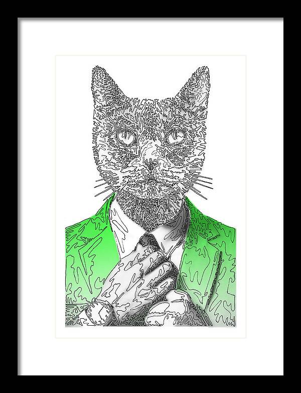 GREEN Cool Cat - Framed Print