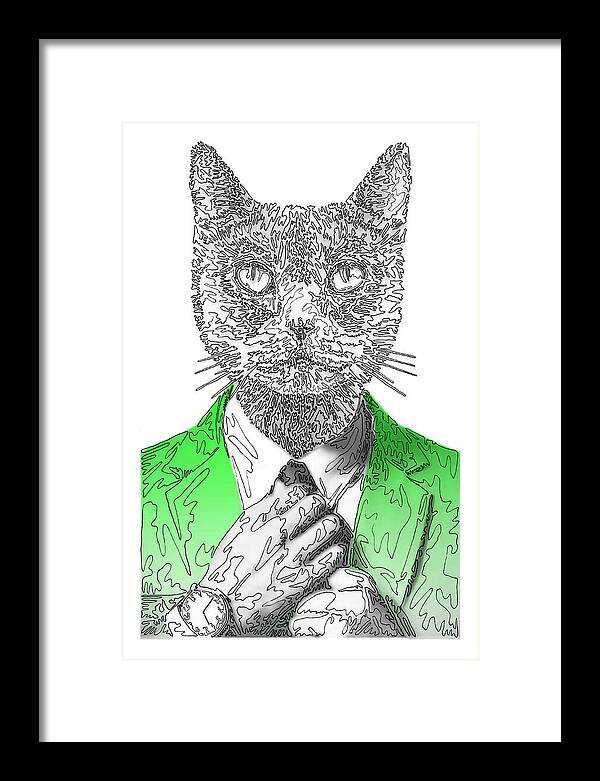 GREEN Cool Cat - Framed Print