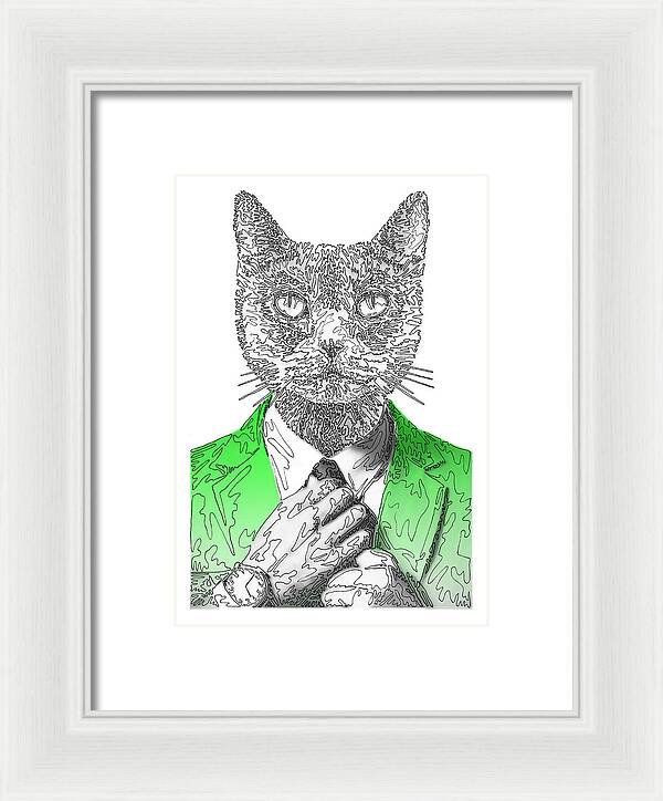 GREEN Cool Cat - Framed Print