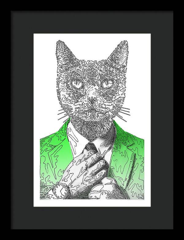 GREEN Cool Cat - Framed Print