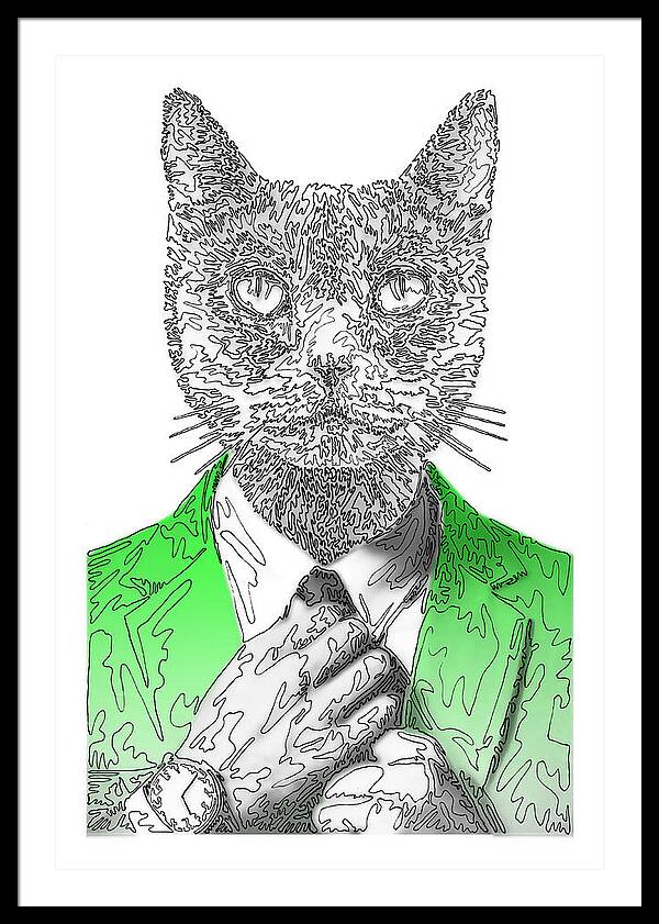 GREEN Cool Cat - Framed Print