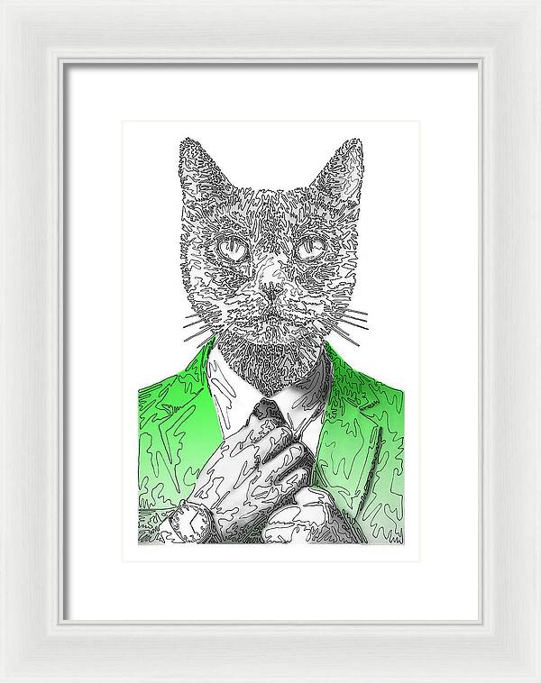 GREEN Cool Cat - Framed Print