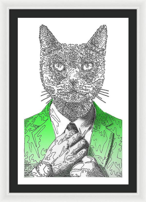 GREEN Cool Cat - Framed Print