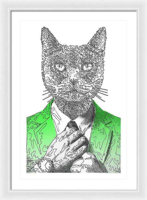 GREEN Cool Cat - Framed Print