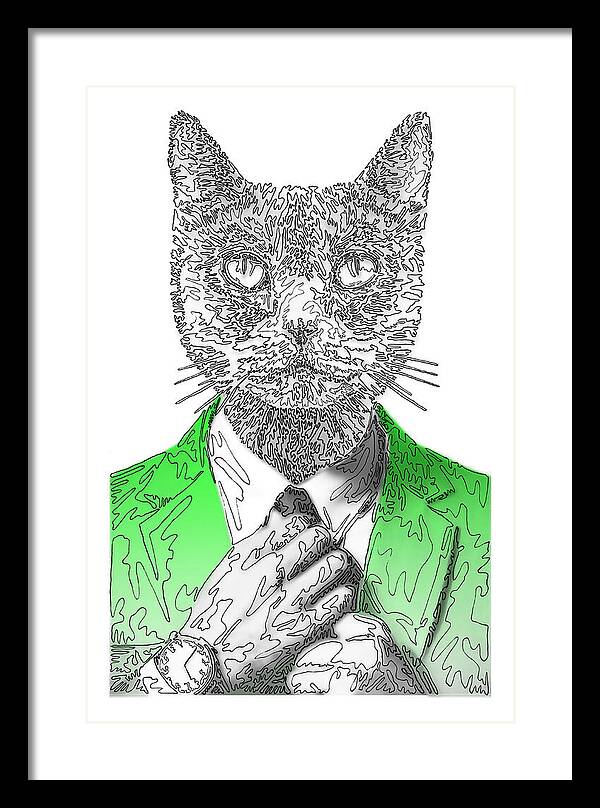 GREEN Cool Cat - Framed Print