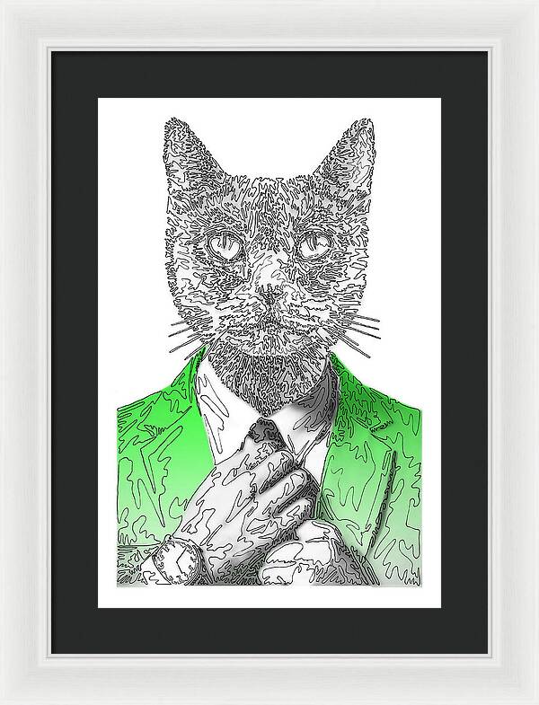 GREEN Cool Cat - Framed Print