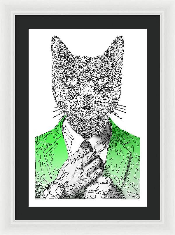 GREEN Cool Cat - Framed Print