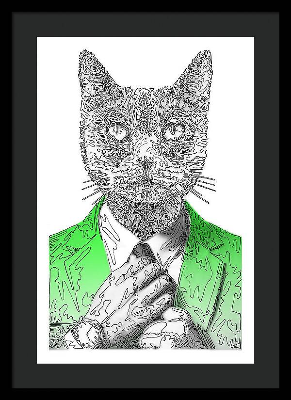 GREEN Cool Cat - Framed Print