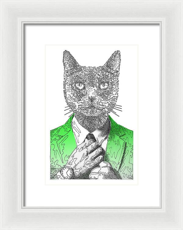 GREEN Cool Cat - Framed Print