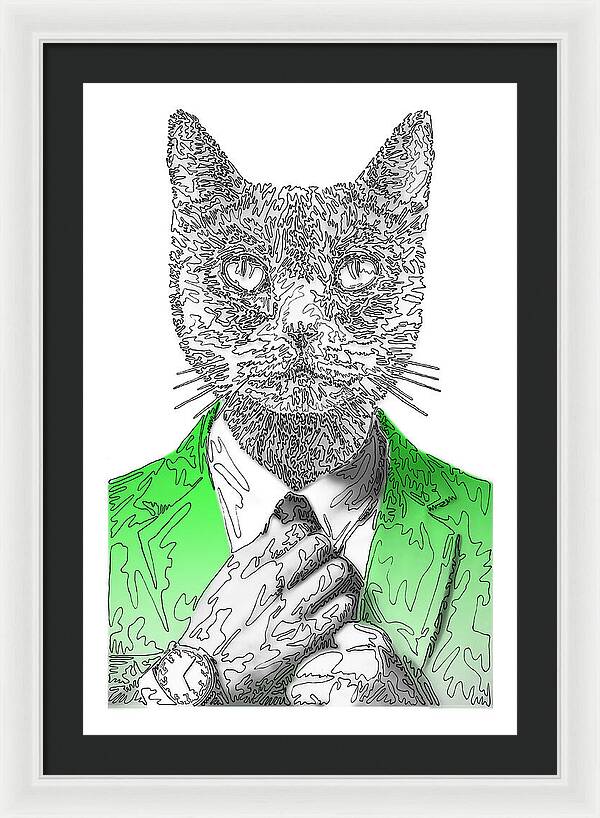 GREEN Cool Cat - Framed Print