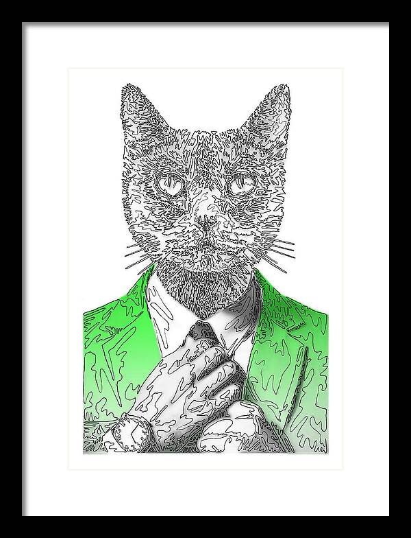 GREEN Cool Cat - Framed Print