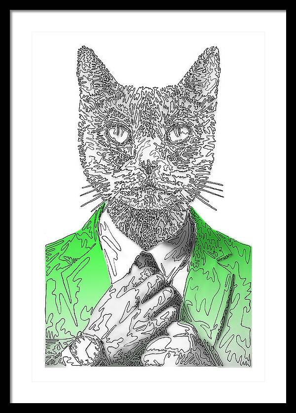 GREEN Cool Cat - Framed Print