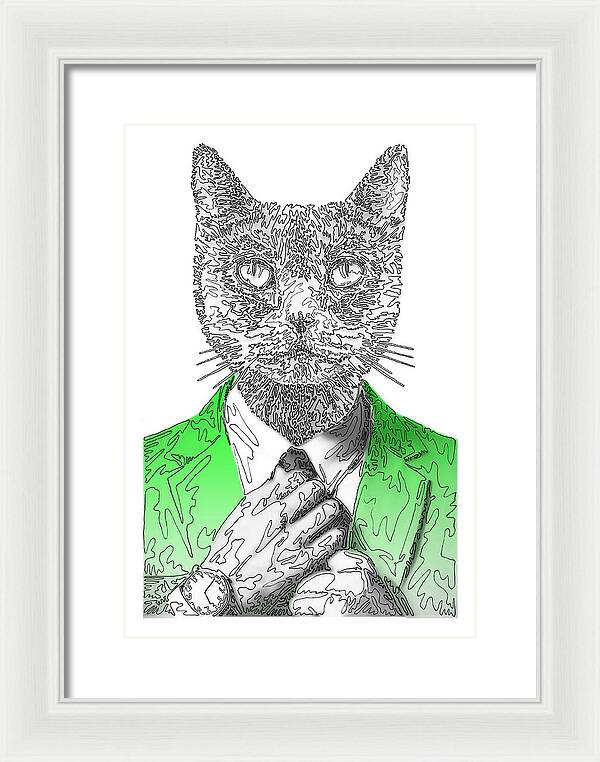 GREEN Cool Cat - Framed Print