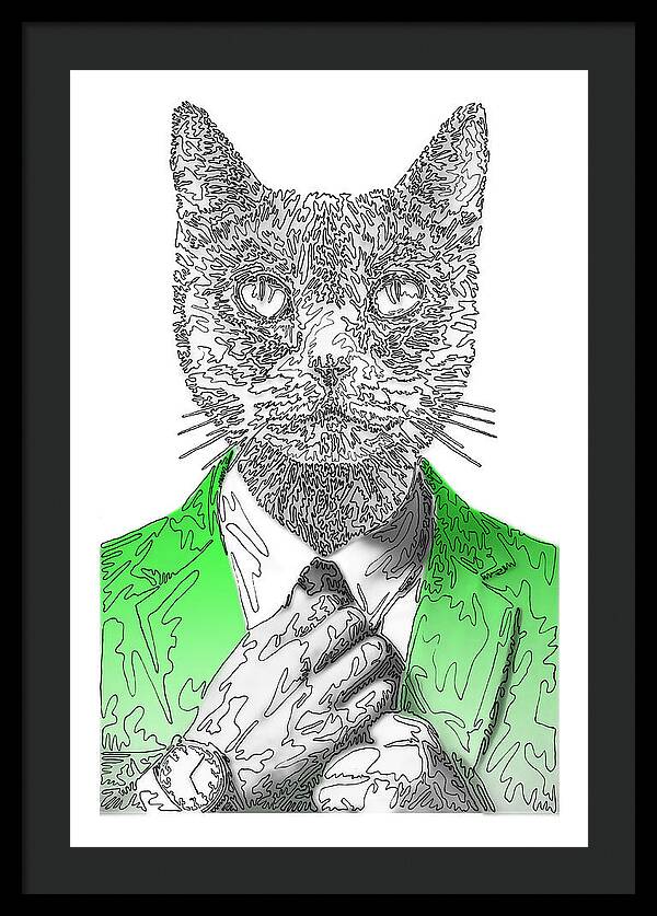 GREEN Cool Cat - Framed Print