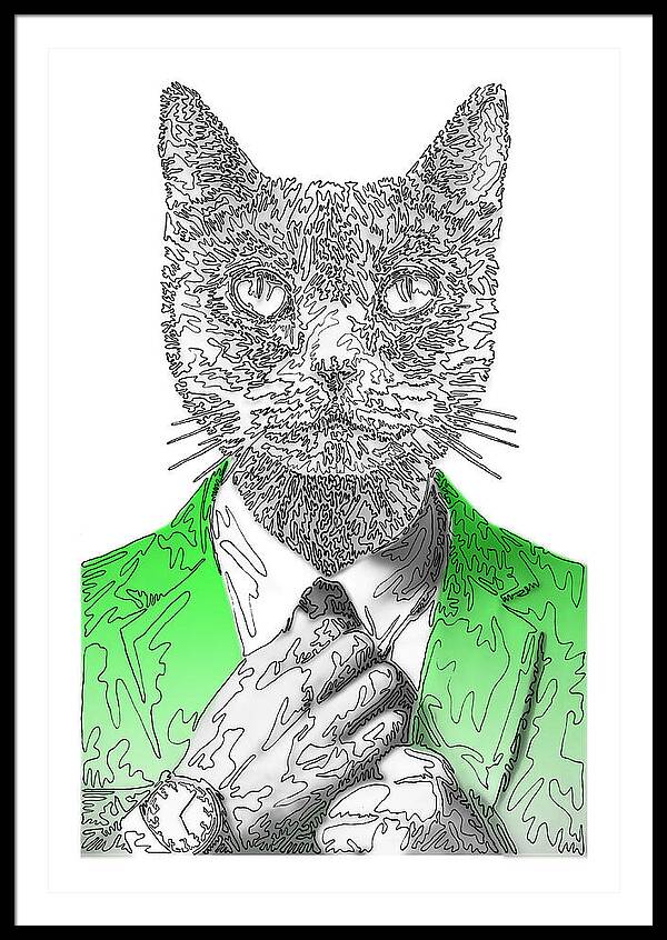 GREEN Cool Cat - Framed Print