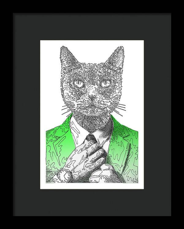 GREEN Cool Cat - Framed Print
