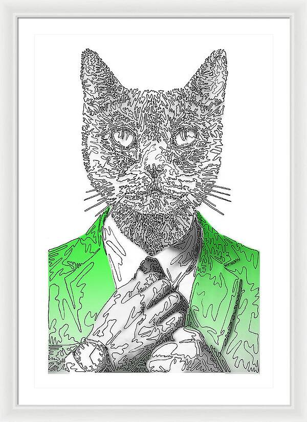 GREEN Cool Cat - Framed Print