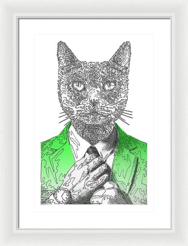 GREEN Cool Cat - Framed Print
