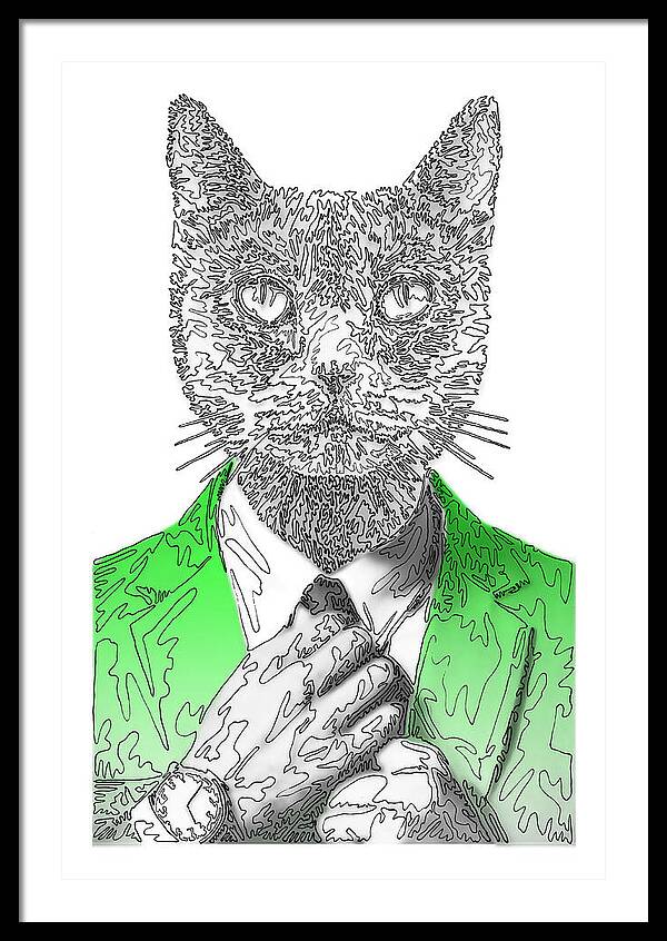 GREEN Cool Cat - Framed Print