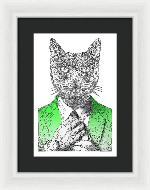 GREEN Cool Cat - Framed Print