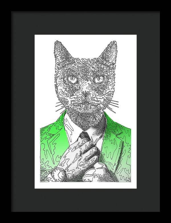 GREEN Cool Cat - Framed Print