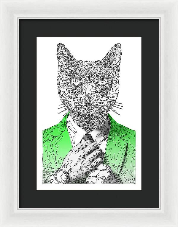 GREEN Cool Cat - Framed Print