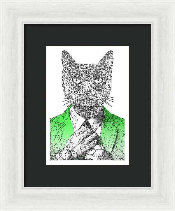 GREEN Cool Cat - Framed Print