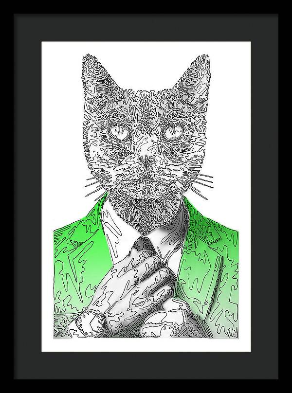 GREEN Cool Cat - Framed Print