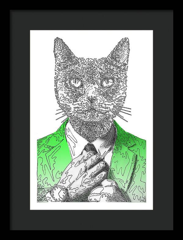 GREEN Cool Cat - Framed Print