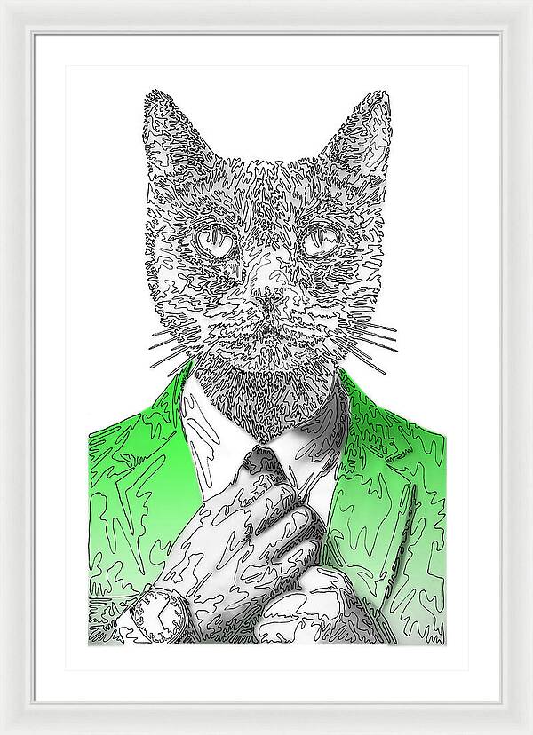 GREEN Cool Cat - Framed Print
