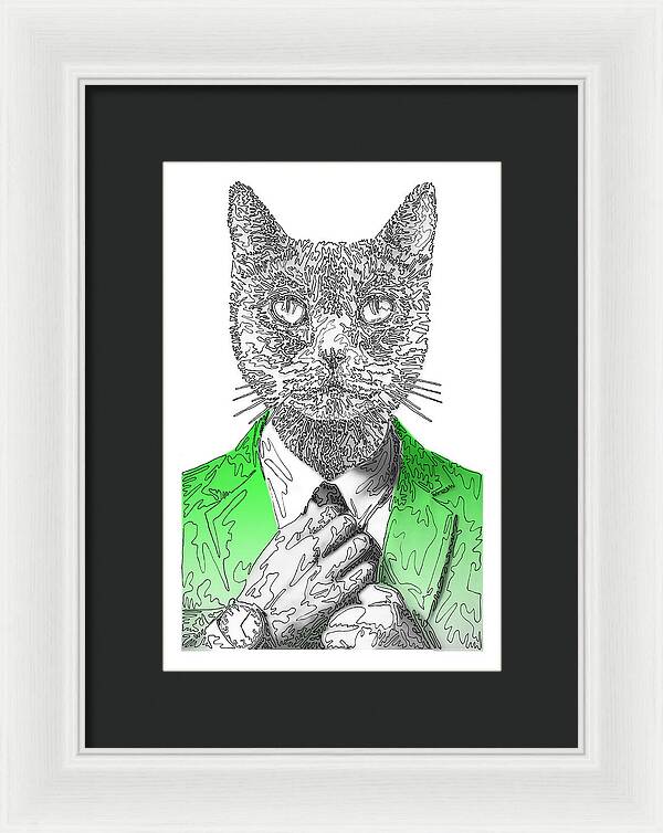 GREEN Cool Cat - Framed Print