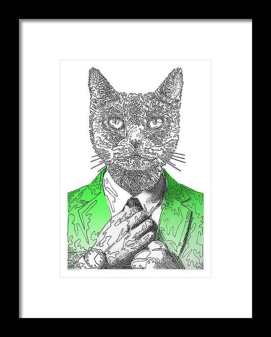GREEN Cool Cat - Framed Print