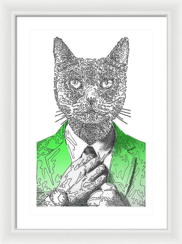 GREEN Cool Cat - Framed Print